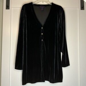Denim Co Jacket Top Plus Size 1X Velvet Romantic Shacket Black Button Up
